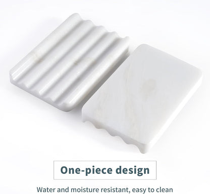 2PCS Koville African Natural Marble Soap Dish for Shower, Stone Soap Tray for Bathroom, Bar Soap Holder for Sink, Stripe Grooves Saver Keep Bars Dry Easy Clean (Namib Bianco)