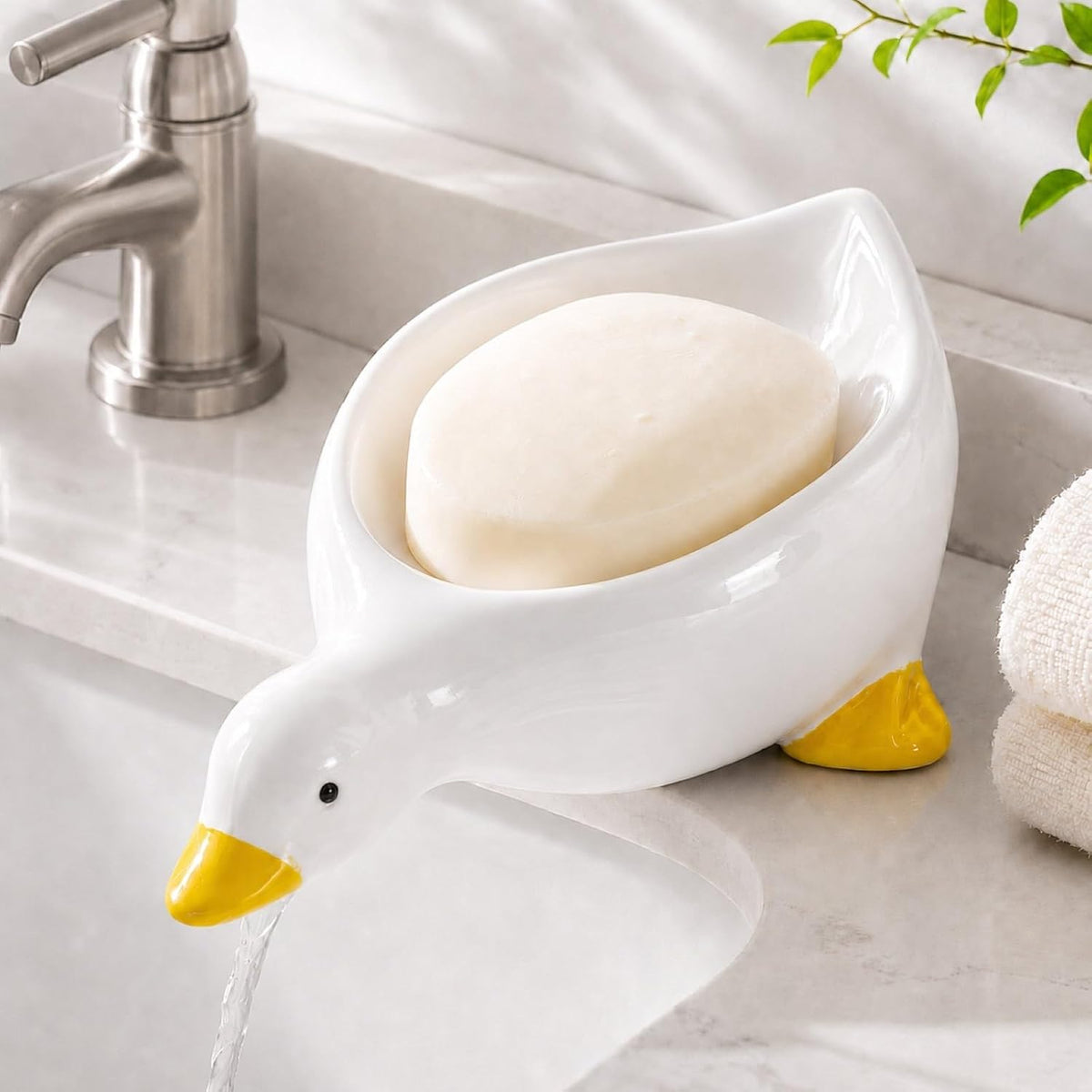 Ceramic Duck Soap Dish, Self-Draining Soap Holder for Sink and Shower