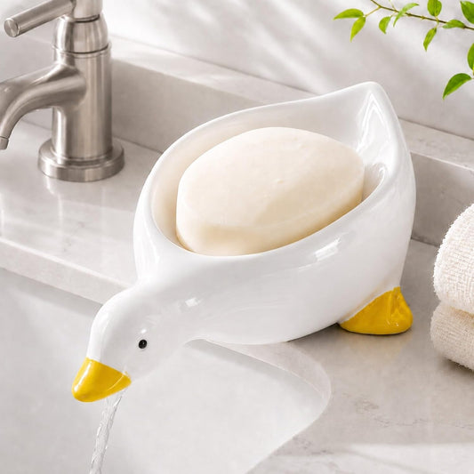 Ceramic Duck Soap Dish, Self-Draining Soap Holder for Sink and Shower