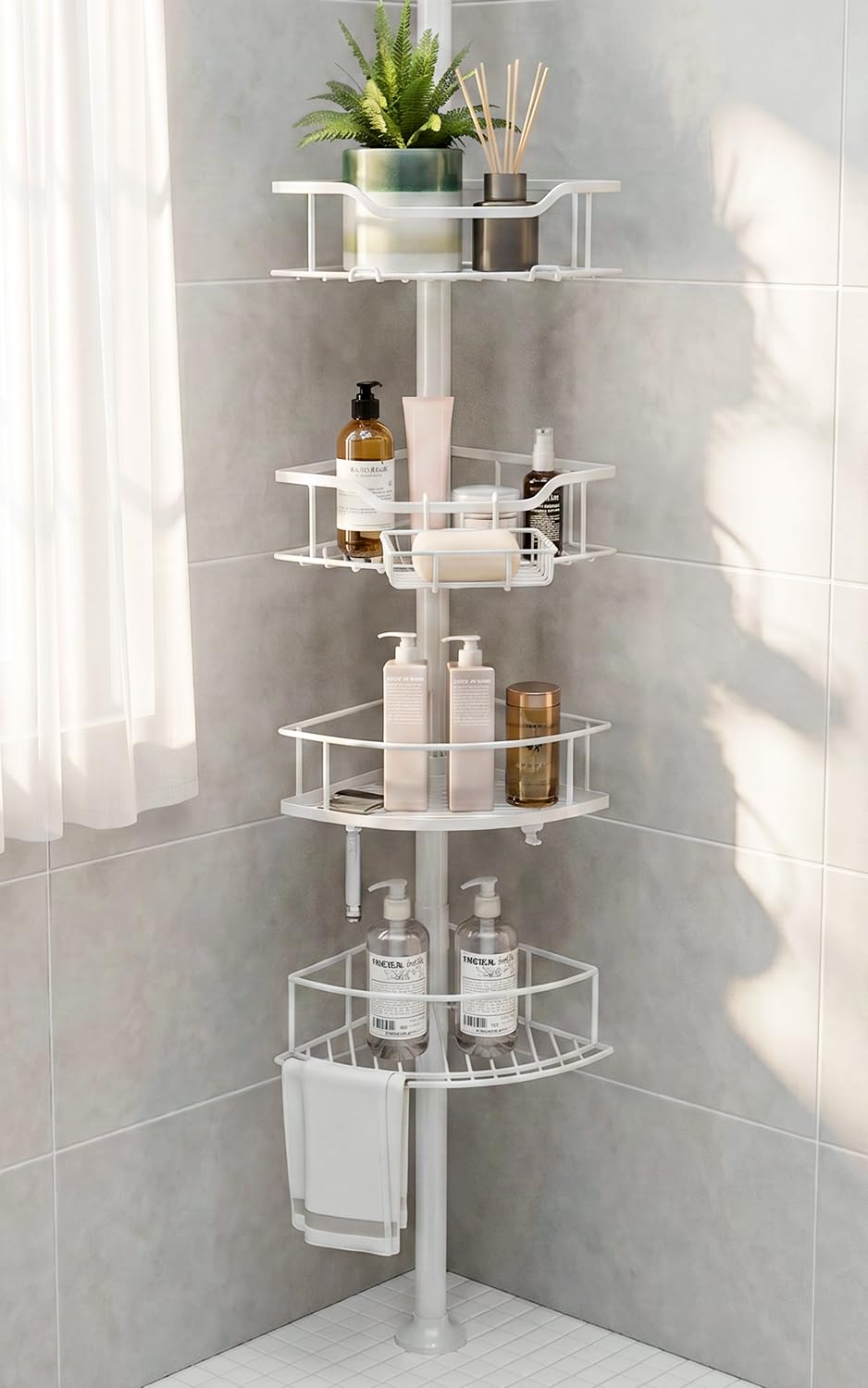 Corner Shower Caddy Tension Pole, Bathroom Organizer for Renters