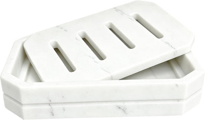 Drainable Soap Dish, Double Layer Resin Soap Holder with Marble-Look, Non-Slip Silicone Feet Soap Saver for Bathroom