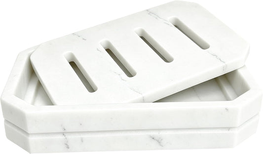 Drainable Soap Dish, Double Layer Resin Soap Holder with Marble-Look, Non-Slip Silicone Feet Soap Saver for Bathroom