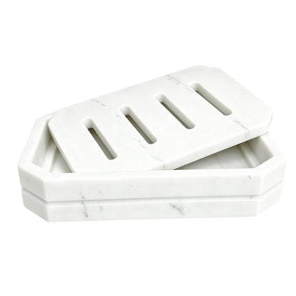 Drainable Soap Dish, Double Layer Resin Soap Holder with Marble-Look, Non-Slip Silicone Feet Soap Saver for Bathroom