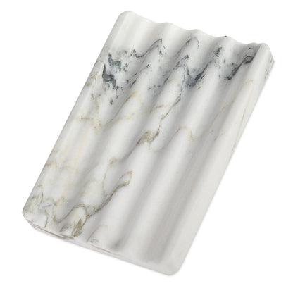 Koville Natural Marble Soap Dish for Bathroom Shower, White Gold Marble Soap Tray for Bathroom, Stone Soap Tray for Sink, Stripe Grooves Soap Saver Keep Soap Bars Dry Easy Clean