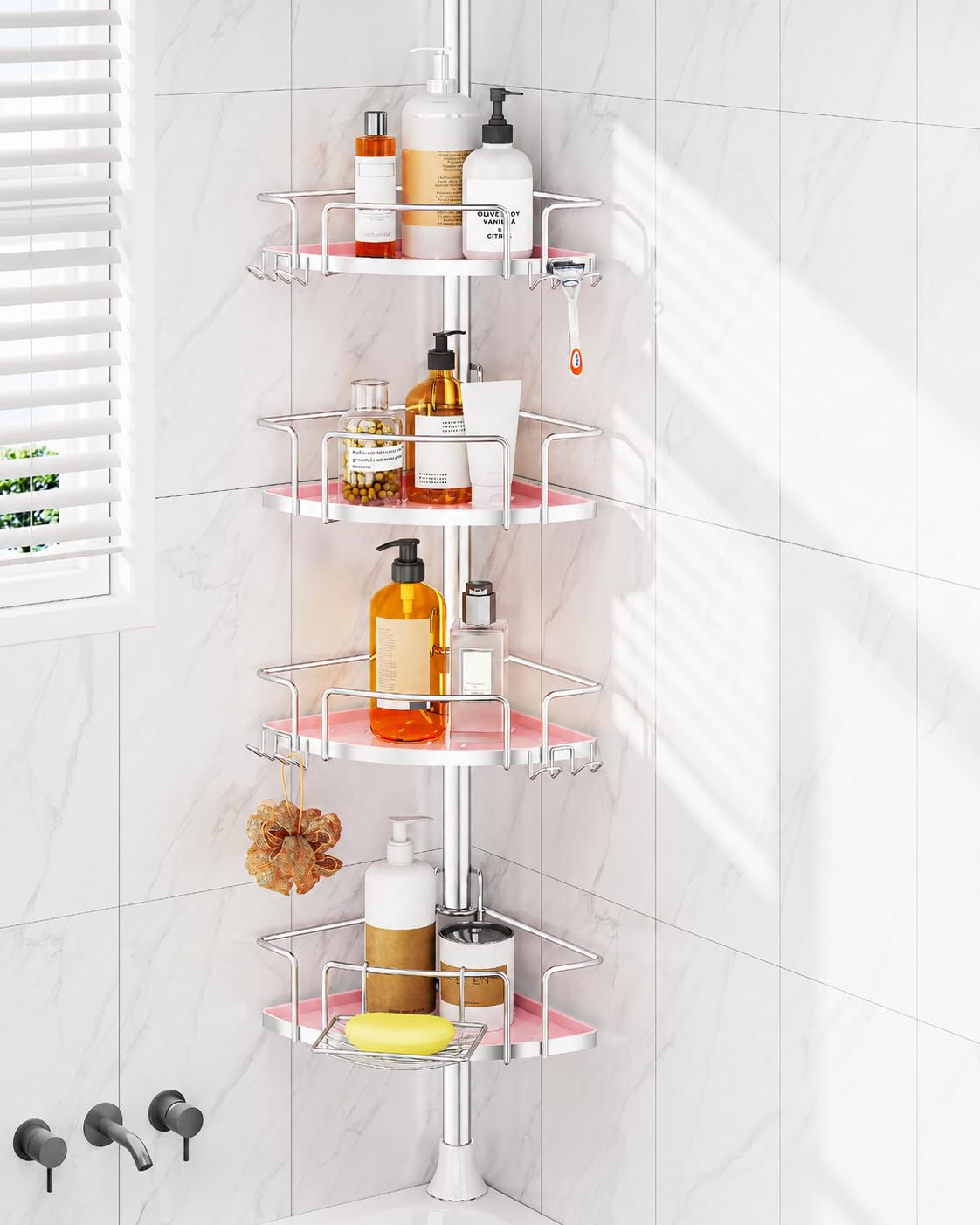 ALLZONE Two-Tone Corner Shower Caddy Tension Pole for Bath Shampoo Storage