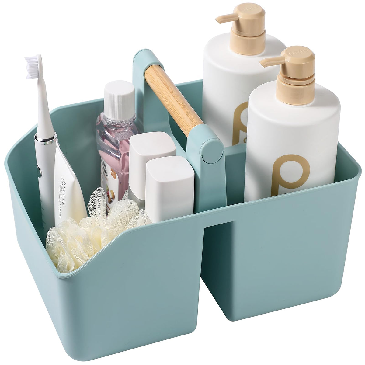rejomiik Plastic Shower Caddy, Portable Basket with Bamboo Handle, White