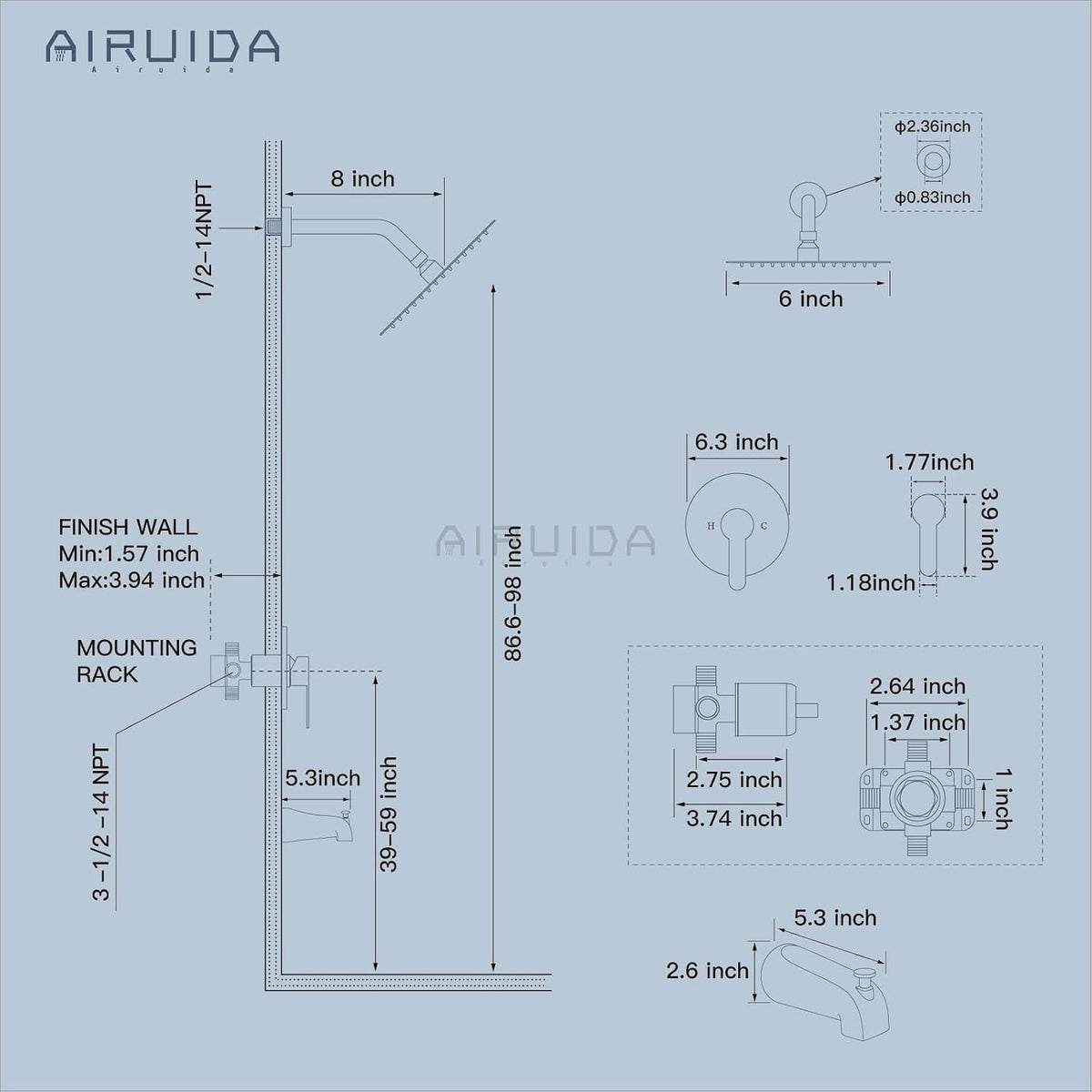 Airuida Shower Faucet Set with Tub Spout,6" Bathtub Faucet-Matte Black