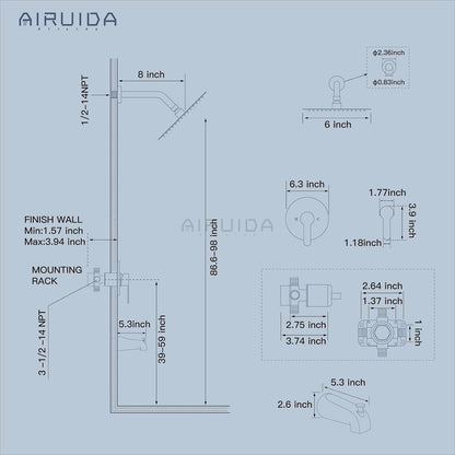 Airuida Shower Faucet Set with Tub Spout,6" Bathtub Faucet-Matte Black