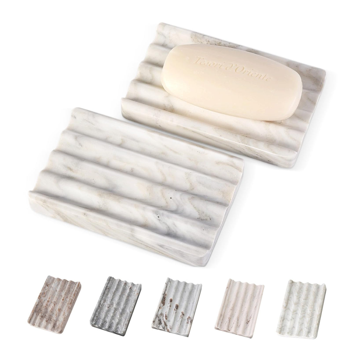 2PCS Koville African Natural Marble Soap Dish for Shower, Stone Soap Tray for Bathroom, Bar Soap Holder for Sink, Stripe Grooves Saver Keep Bars Dry Easy Clean (Namib Bianco)