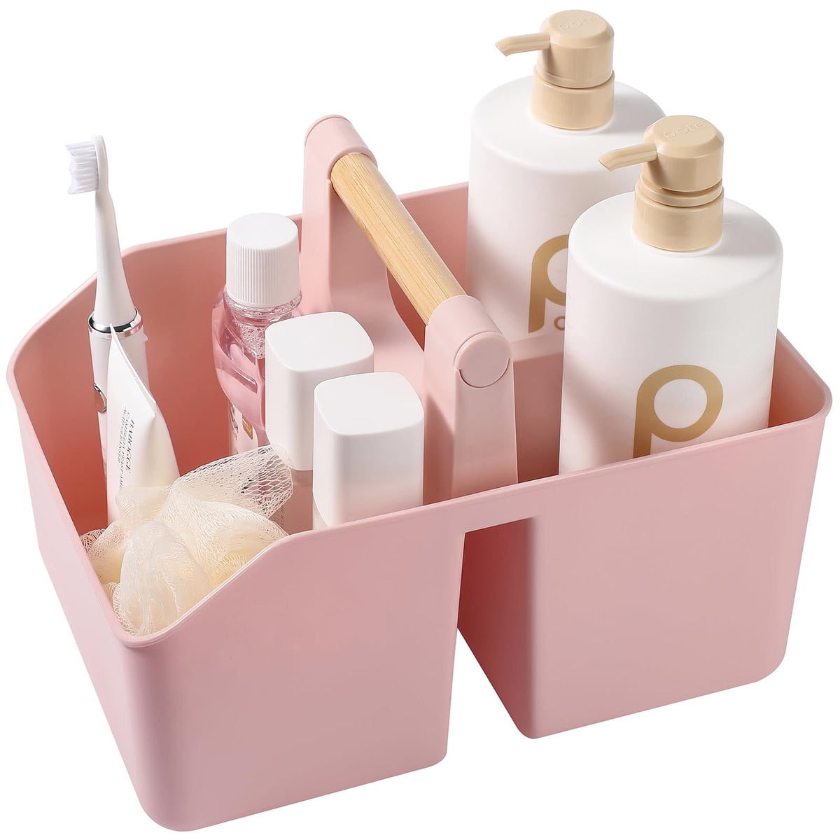 rejomiik Plastic Shower Caddy, Portable Basket with Bamboo Handle, White