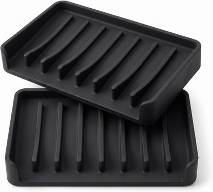 Bathway Silicone Soap Dishes for Shower, Self-Draining Bar Soap Holder Non-Slip Sink Organizer Tray for Sink, Bathroom & Kitchen, Keeps Bar Soap Dry& Dishwasher Safe, Black & Black (2 Pack)