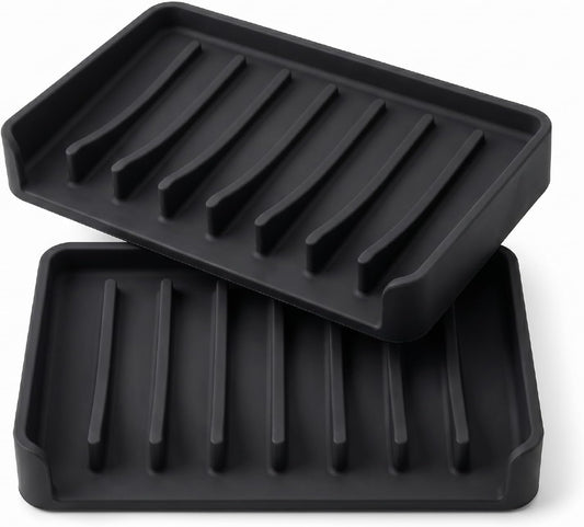 Bathway Silicone Soap Dishes for Shower, Self-Draining Bar Soap Holder Non-Slip Sink Organizer Tray for Sink, Bathroom & Kitchen, Keeps Bar Soap Dry& Dishwasher Safe, Black & Black (2 Pack)