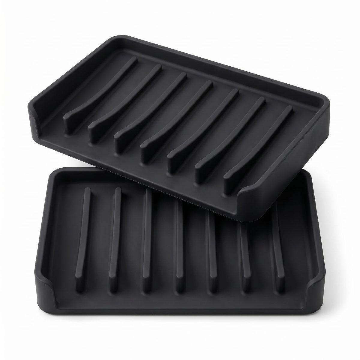 Bathway Silicone Soap Dishes for Shower, Self-Draining Bar Soap Holder Non-Slip Sink Organizer Tray for Sink, Bathroom & Kitchen, Keeps Bar Soap Dry& Dishwasher Safe, Black & Black (2 Pack)