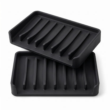 Bathway Silicone Soap Dishes for Shower, Self-Draining Bar Soap Holder Non-Slip Sink Organizer Tray for Sink, Bathroom & Kitchen, Keeps Bar Soap Dry& Dishwasher Safe, Black & Black (2 Pack)