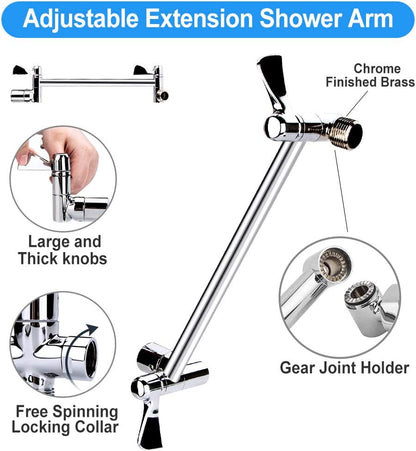 Shower Head, Kaqinu 10'' High Pressure Rainfall Shower Head/Handheld Showerhead Combo with 11” Extension Arm, Anti-leak Shower Head with Holder/Hose, Flow Regulator - Chrome