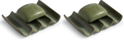 Draining Ceramic Soap Dish - Fluted Design, Bar Soap Holder for Shower & Bathroom, Soap Saver Sponge Lift, Green