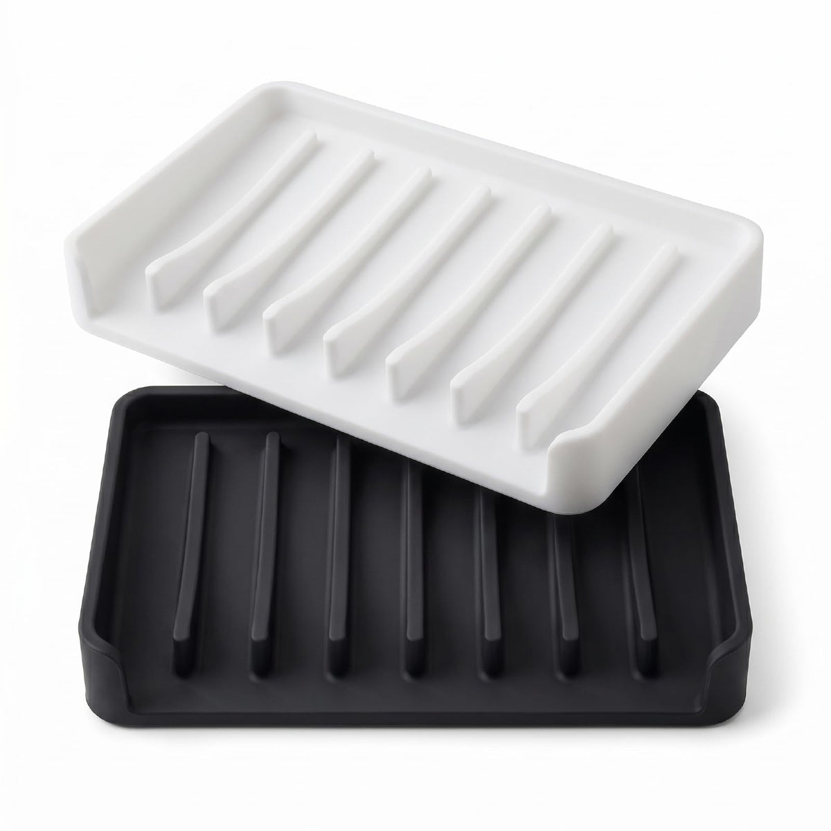Bathway Silicone Soap Dishes for Shower, Self-Draining Bar Soap Holder Non-Slip Sink Organizer Tray for Sink, Bathroom & Kitchen, Keeps Bar Soap Dry& Dishwasher Safe, Black & Black (2 Pack)