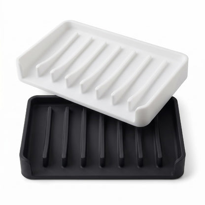Bathway Silicone Soap Dishes for Shower, Self-Draining Bar Soap Holder Non-Slip Sink Organizer Tray for Sink, Bathroom & Kitchen, Keeps Bar Soap Dry& Dishwasher Safe, Black & Black (2 Pack)
