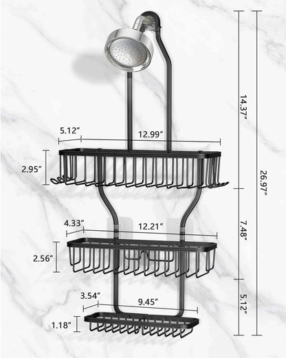 Shower Caddy Hanging - Never Rust Shower Hanging Organizer - Aluminum Over the ShowerHead Caddy with Soap Basket and 6 Hooks for Razor/Sponge (Black)