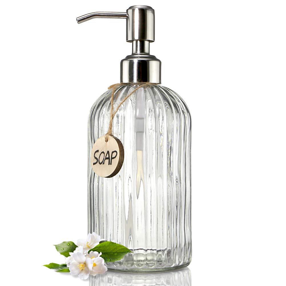 JASAI 18Oz Simple Glass Soap Dispenser with Black Rust Proof Pump.