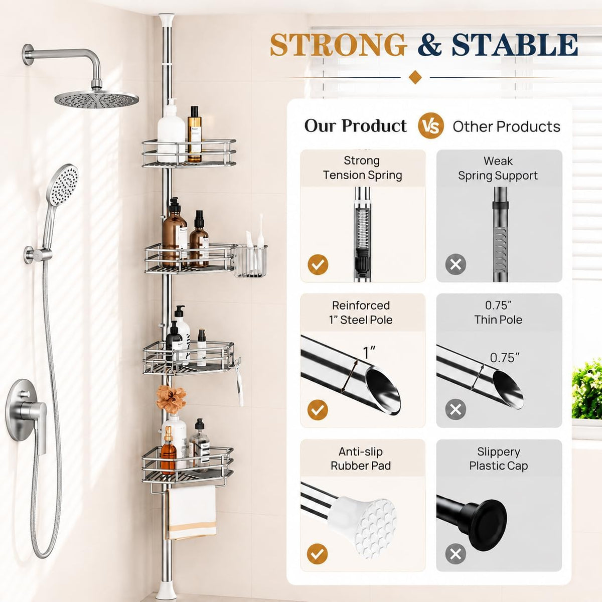 SEIRIONE Rustproof Corner Shower Caddy Tension Pole for Bathroom Storage