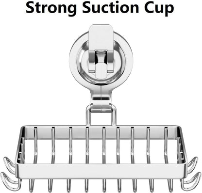 Soap Holder Shower, Suction Cup Soap Dish for Shower with 4 Hooks, 304 Stainless Steel, Silver