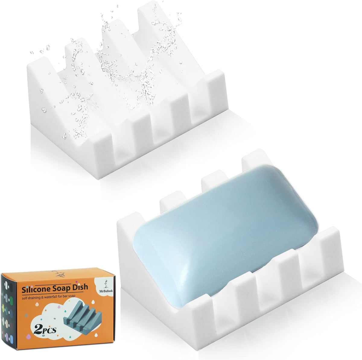 Self Draining Silicone Soap Dish Holder Waterfall Tray, 2 Pack White