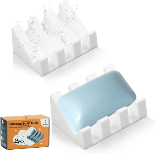 Self Draining Silicone Soap Dish Holder Waterfall Tray, 2 Pack White