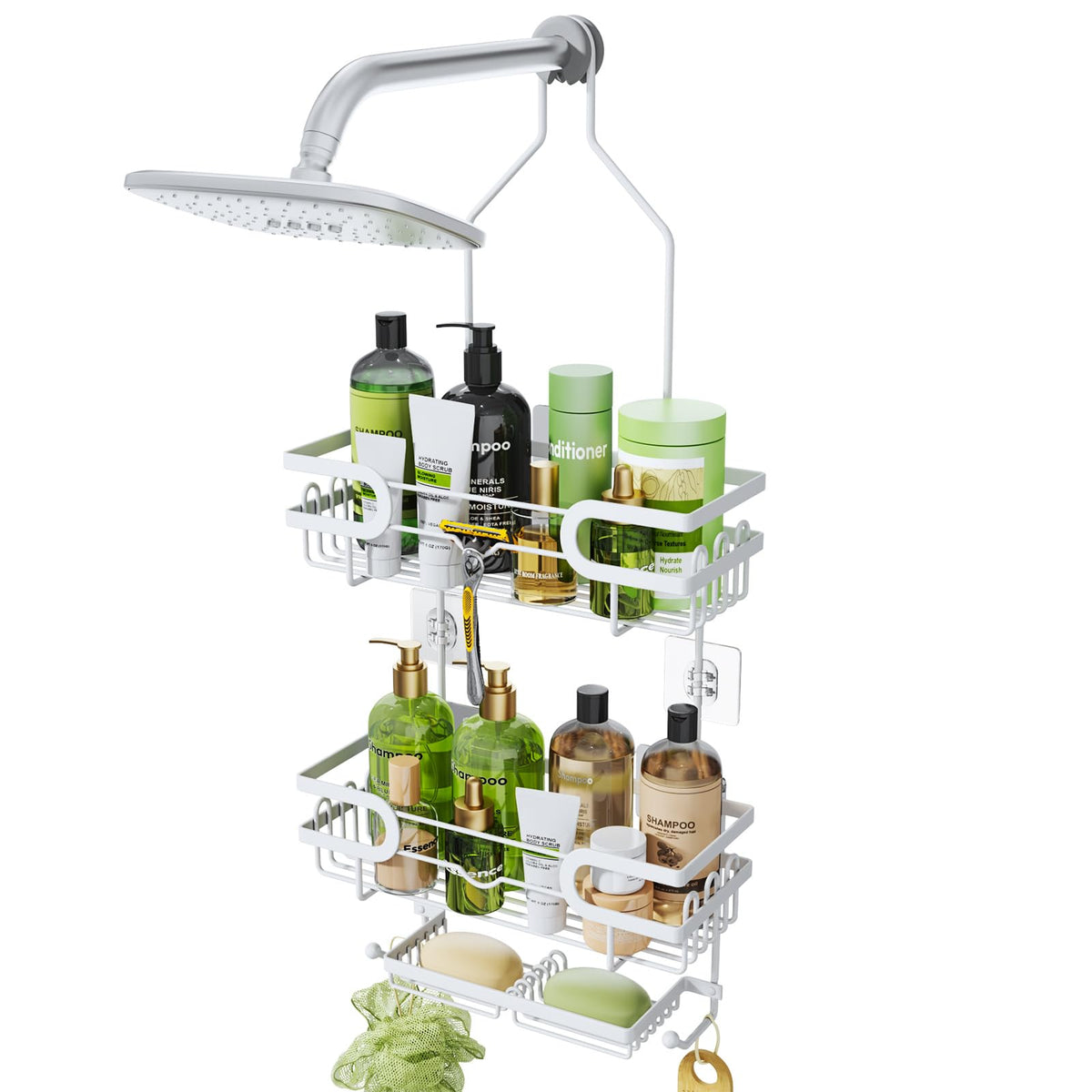 HapiRm Hanging Shower Caddy Organizer - Bathroom Organizer with 12 Hooks and Soap Holder, Rustproof Shower Shelf over Shower Head - Brushed Nickel