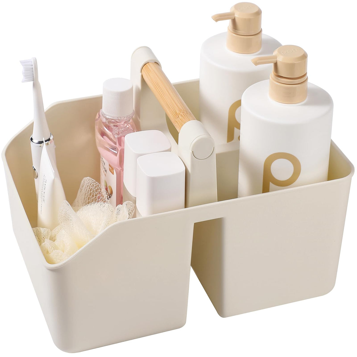 rejomiik Plastic Shower Caddy, Portable Basket with Bamboo Handle, White