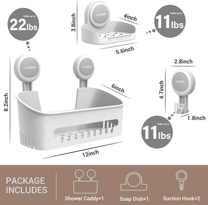 LUXEAR 4 Pack Shower Caddy Set - Suction Cup Shower Shelf+Soap Dish+Hooks - 1 Sec Installation NO-Drill Removable Powerful Waterproof Organizer for Bathroom/Kitchen/RV 22LBS Capacity Removable