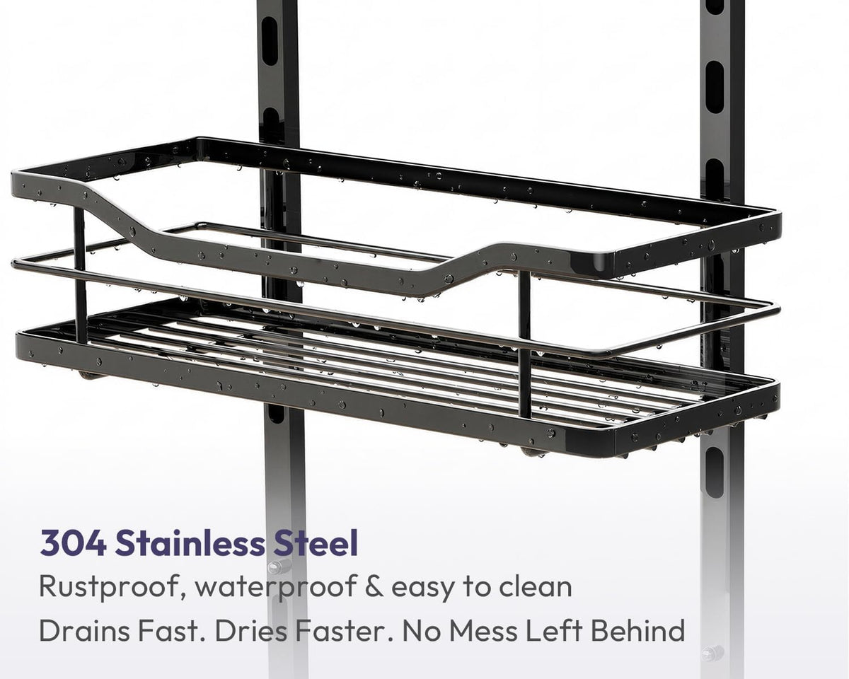 SWTYMIKI Over the Door Shower Caddy - 3 Tier Adjustable Shower Organizer Hanging with Soap Holder, No Drilling Stainless Steel Bathroom Rack Hanging for Body Wash, Shampoo, Soap, Razor, Black