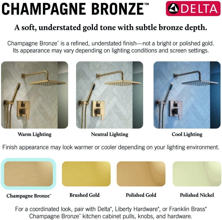 Delta Nicoli 14 Series H2Okinetic Shower Faucet Set, Brushed Gold Shower Head and Handle Set, Valve Trim Kit, Champagne Bronze 142749-CZ (Shower Valve Included)