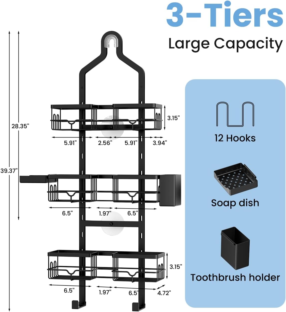 Shower Caddy Hanging, 3-Tier Hanging Shower Caddy Over Showerhead & Door
