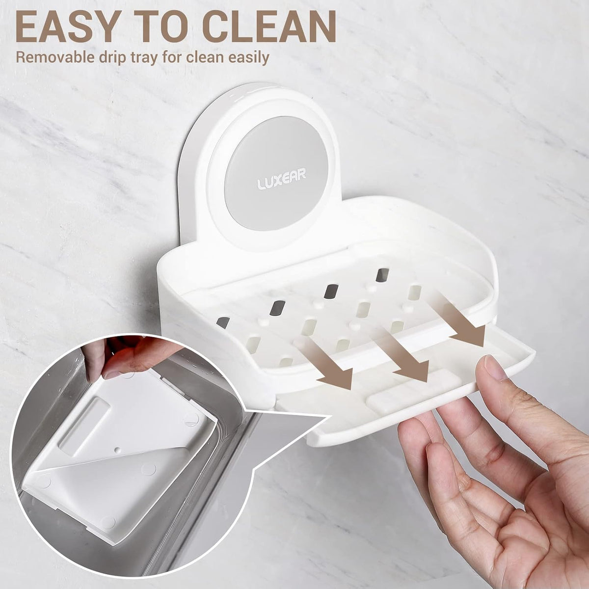LUXEAR 4 Pack Shower Caddy Set - Suction Cup Shower Shelf+Soap Dish+Hooks - 1 Sec Installation NO-Drill Removable Powerful Waterproof Organizer for Bathroom/Kitchen/RV 22LBS Capacity Removable