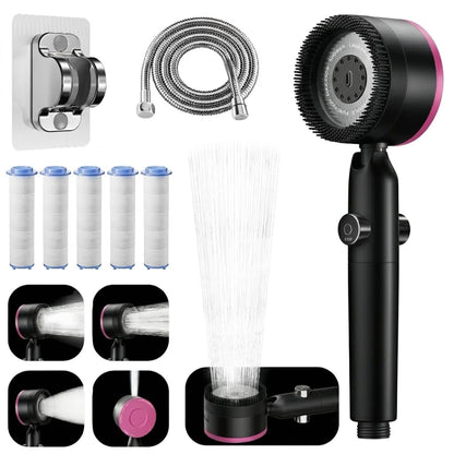 Ion Shower Head, Shower Head High Pressure with Handheld & 5 Filters, 4 Modes & Pause Switch, Showerhead Set with 59" Explosion-Proof Hose & Dual Brackets for Hard Water & Pets, Gray