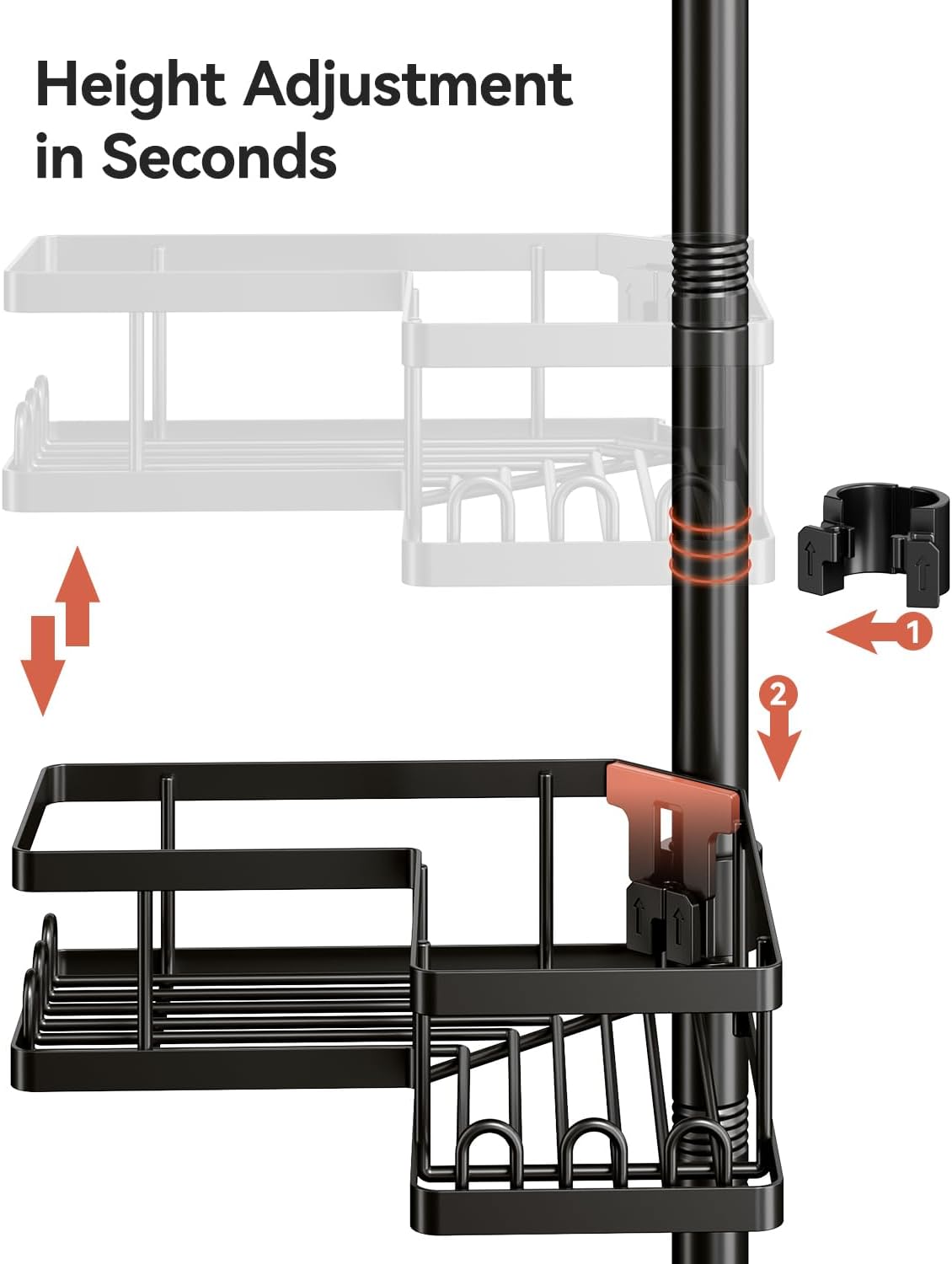 YASONIC Corner Shower Caddy Tension Pole, 25.7-109.1in Adjustable Shower Shelves, Rust-Resistant Shower Organizer, No-Drill 3-Step Installation, Bathroom Shelves for Renters & Family, Black