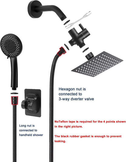 NearMoon Filtered Rain Shower Head, High Pressure 8″Square, and 5 settings Handheld Shower Filter Combo with Self-adhesive Holder/1.5M Hose -1 Replaceable Filter Cartridge (Matte Black)