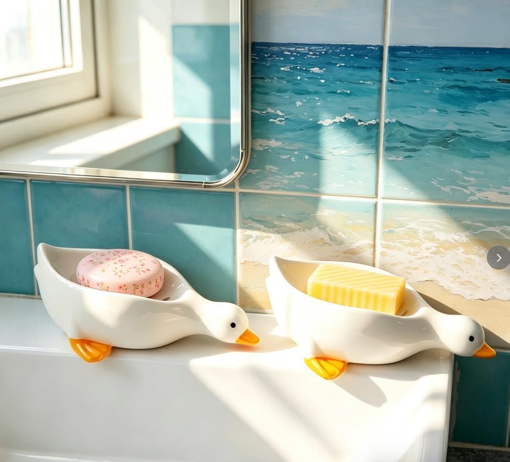 Ceramic Duck Soap Dish, Self-Draining Soap Holder for Sink and Shower
