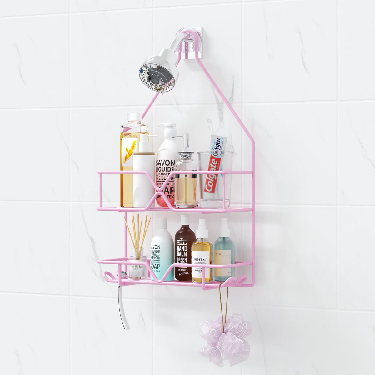 TreeLen Rustproof Shower Caddy, Hanging, Stainless Steel, 4 Hooks, 2 Shelves, Non-Slip