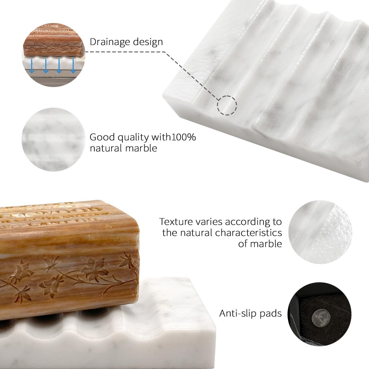 WeDoDecor Real Marble Soap Dish for Shower Stone Tray Small Bar Soap Holder with Self Draining | Non-Slip, Luxury Bath Room Accessories (White)
