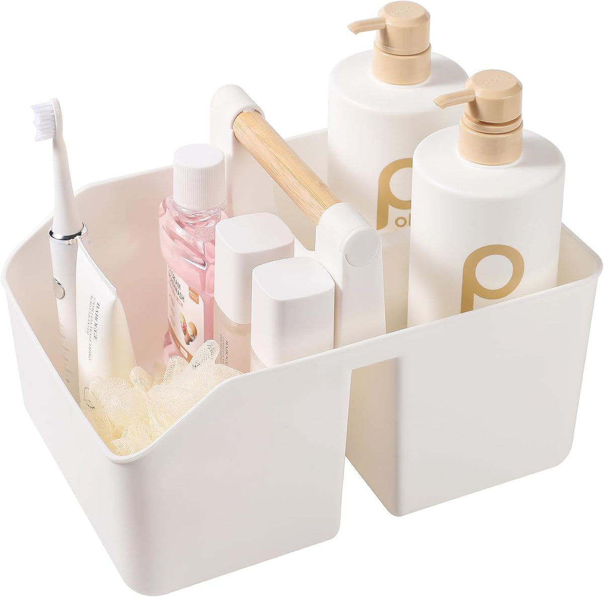 rejomiik Plastic Shower Caddy, Portable Basket with Bamboo Handle, White