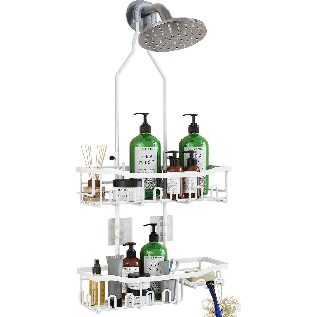 Upgraded Extended Length Shower Organizer with Hooks, Rustproof Shampoo Soap Holder, Large Hanging Bathroom Caddy