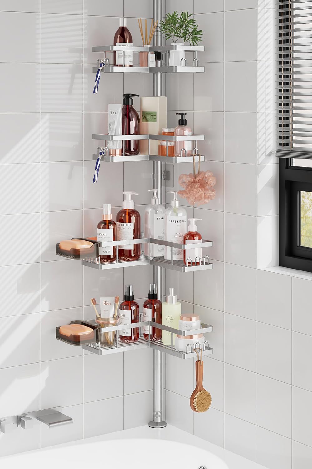 YASONIC Corner Shower Caddy Tension Pole, 25.7-109.1in Adjustable Shower Shelves, Rust-Resistant Shower Organizer, No-Drill 3-Step Installation, Bathroom Shelves for Renters & Family, Black