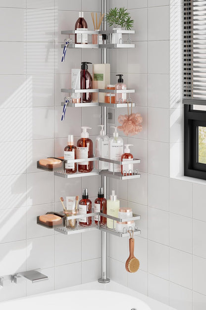 YASONIC Corner Shower Caddy Tension Pole, 25.7-109.1in Adjustable Shower Shelves, Rust-Resistant Shower Organizer, No-Drill 3-Step Installation, Bathroom Shelves for Renters & Family, Black
