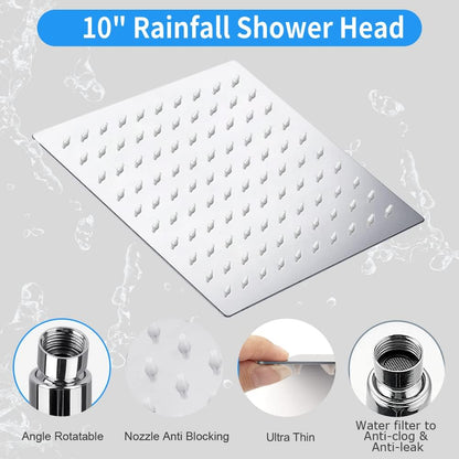 Shower Head, Kaqinu 10'' High Pressure Rainfall Shower Head/Handheld Showerhead Combo with 11” Extension Arm, Anti-leak Shower Head with Holder/Hose, Flow Regulator - Chrome