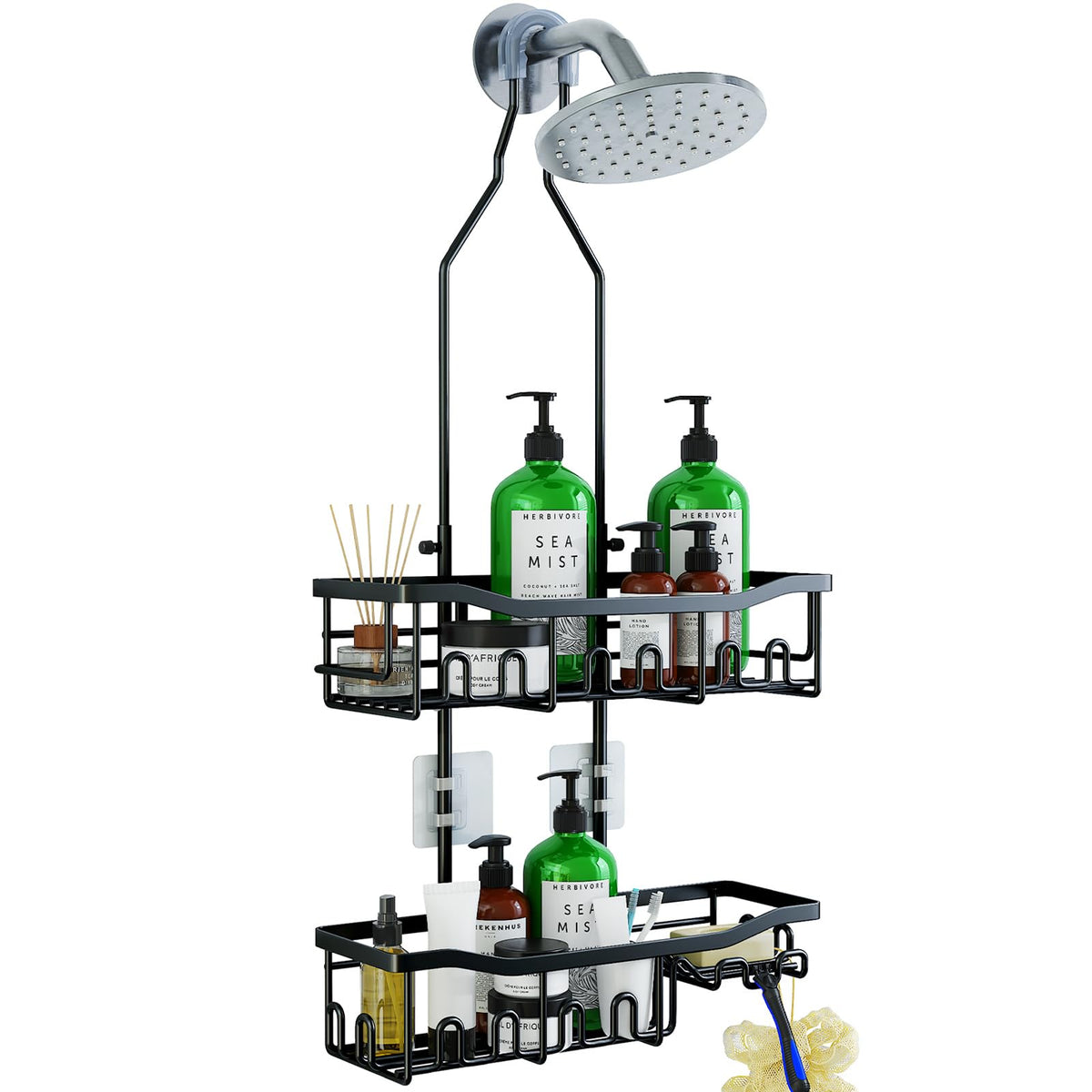 Upgraded Extended Length Shower Organizer with Hooks, Rustproof Shampoo Soap Holder, Large Hanging Bathroom Caddy