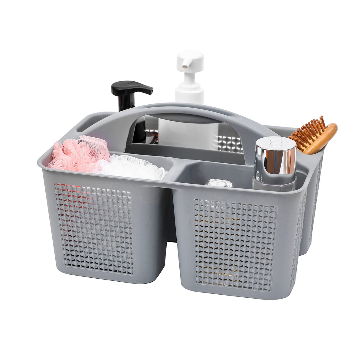 Plastic Portable Shower Caddy Basket with Handle, 3 Compartments, Grey