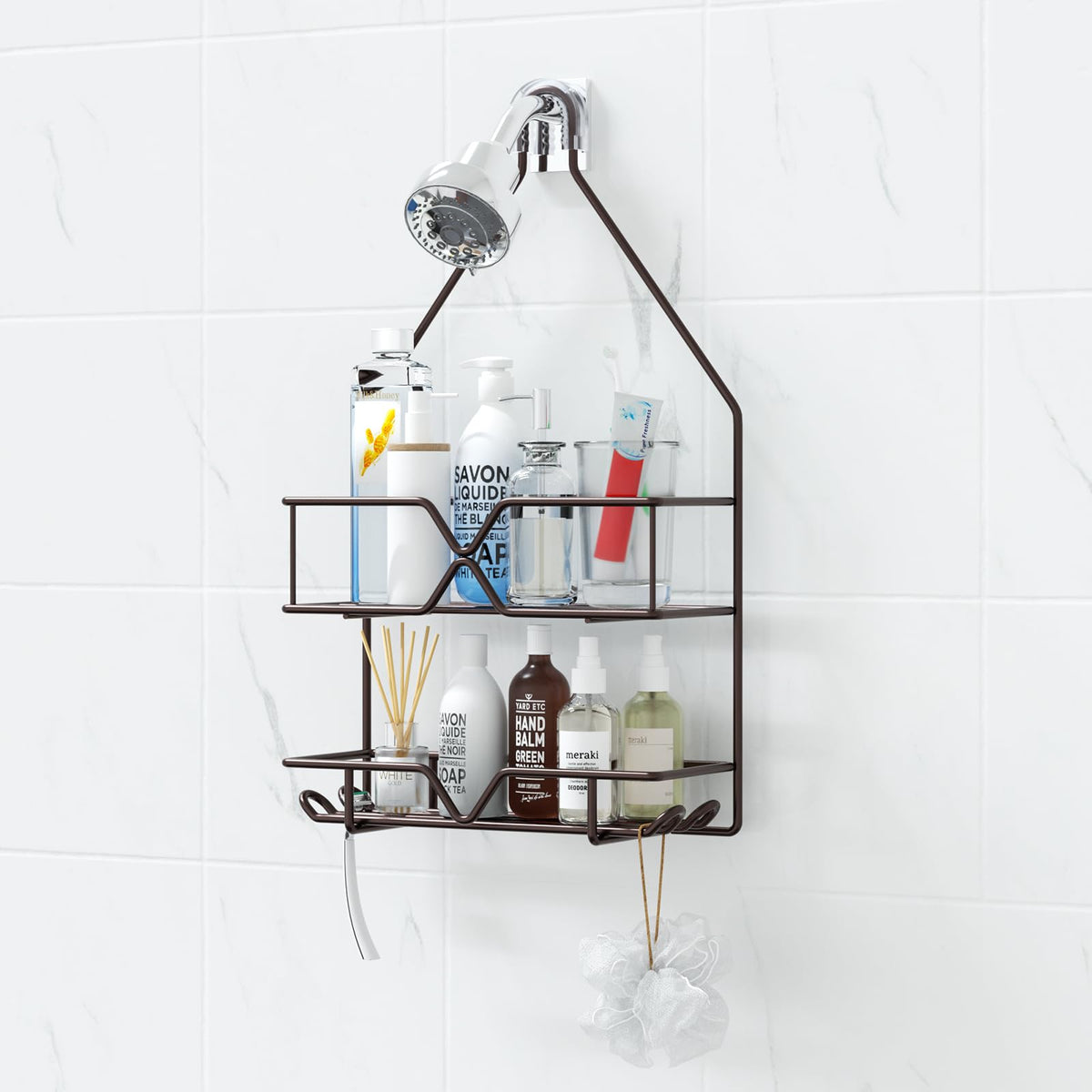 TreeLen Rustproof Shower Caddy, Hanging, Stainless Steel, 4 Hooks, 2 Shelves, Non-Slip