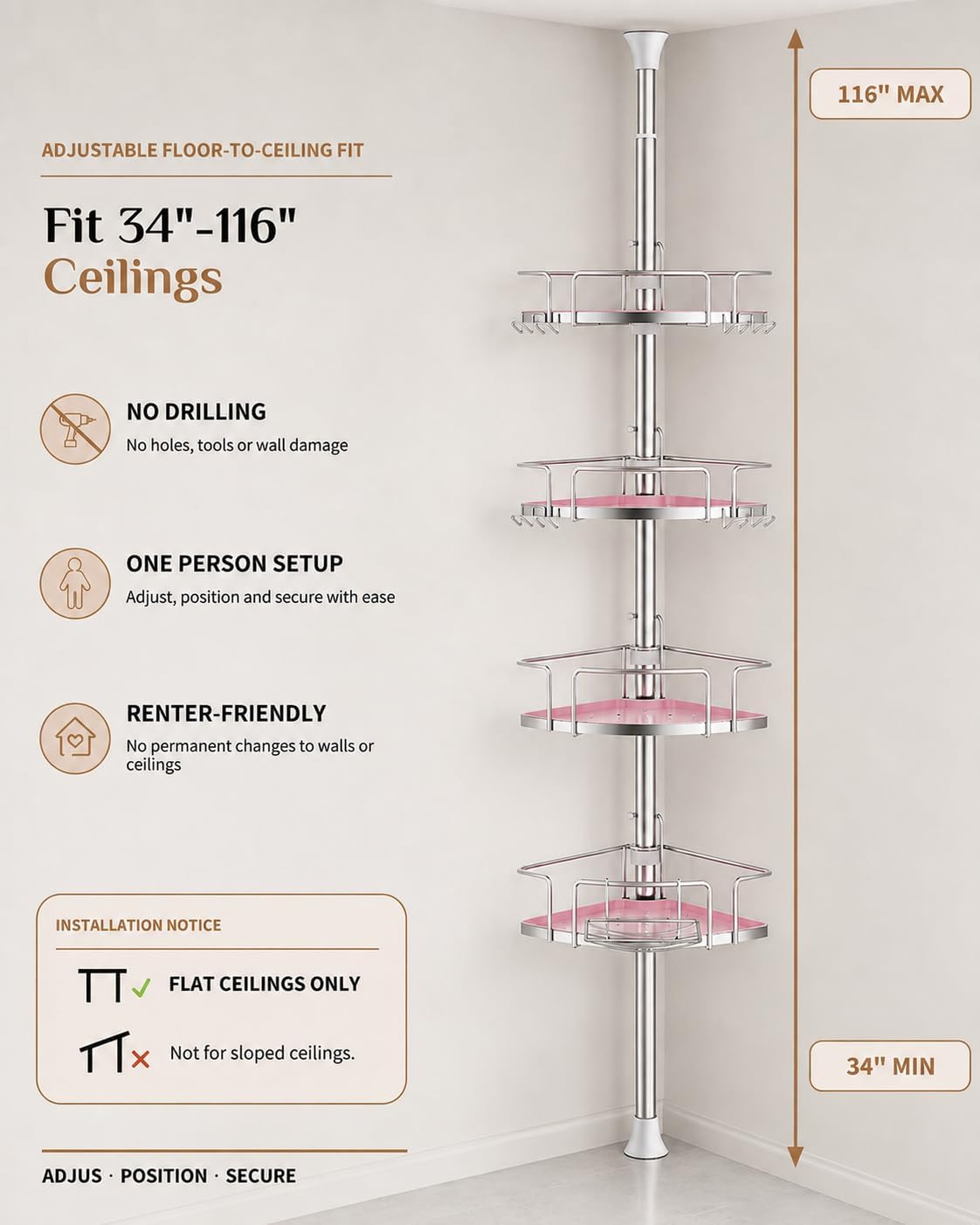ALLZONE Two-Tone Corner Shower Caddy Tension Pole for Bath Shampoo Storage
